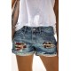 Blue Skull Print Patchwork Frayed High Waist Denim Shorts