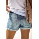 Blue Skull Print Patchwork Frayed High Waist Denim Shorts