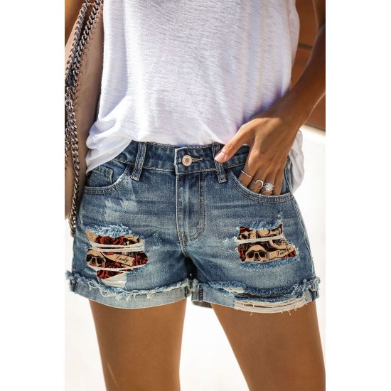 Blue Skull Print Patchwork Frayed High Waist Denim Shorts