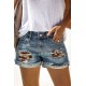 Blue Skull Print Patchwork Frayed High Waist Denim Shorts