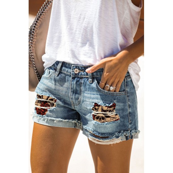 Blue Skull Print Patchwork Frayed High Waist Denim Shorts