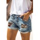 Blue Skull Print Patchwork Frayed High Waist Denim Shorts