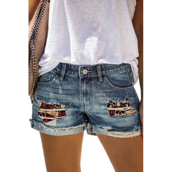 Blue Skull Print Patchwork Frayed High Waist Denim Shorts