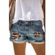 Blue Skull Print Patchwork Frayed High Waist Denim Shorts