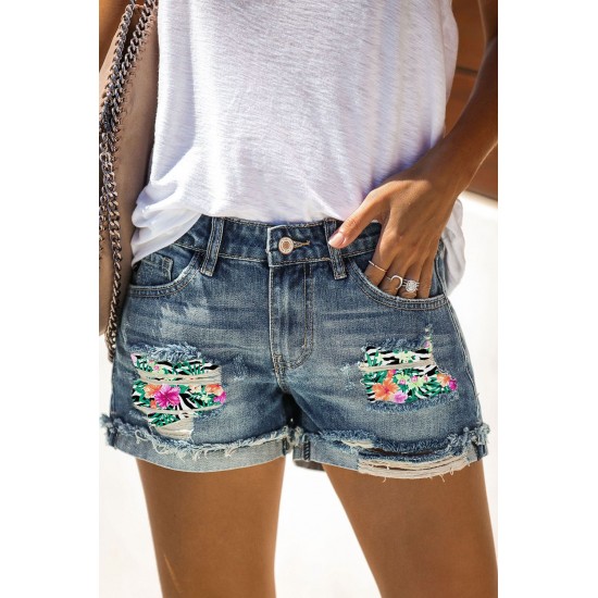 Sky Blue Floral Patchwork Rolled Hem Distressed Denim Shorts