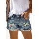 Sky Blue Floral Patchwork Rolled Hem Distressed Denim Shorts