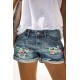 Sky Blue Floral Patchwork Rolled Hem Distressed Denim Shorts