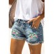 Sky Blue Floral Patchwork Rolled Hem Distressed Denim Shorts