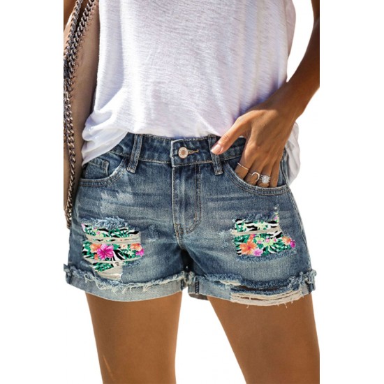 Sky Blue Floral Patchwork Rolled Hem Distressed Denim Shorts