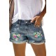 Sky Blue Floral Patchwork Rolled Hem Distressed Denim Shorts