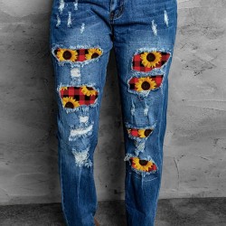 Sunflower Plaid Patch Ripped Boyfriend Jeans