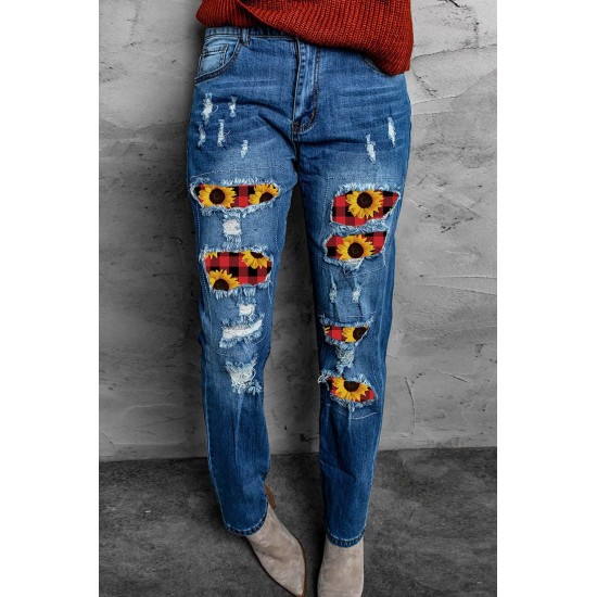 Sunflower Plaid Patch Ripped Boyfriend Jeans