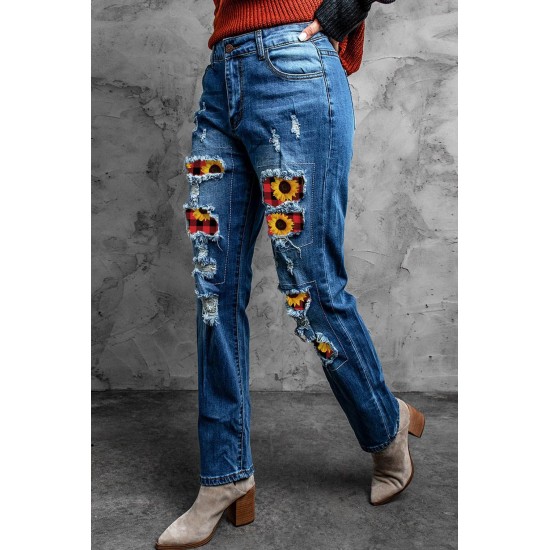 Sunflower Plaid Patch Ripped Boyfriend Jeans