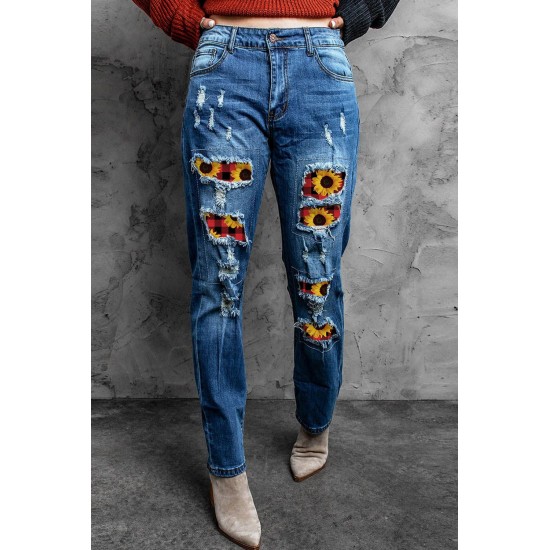 Sunflower Plaid Patch Ripped Boyfriend Jeans