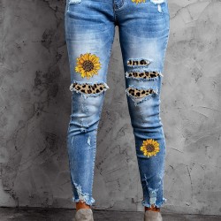 Sunflower Print Leopard Patchwork Distressed Skinny Jeans