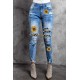 Sunflower Print Leopard Patchwork Distressed Skinny Jeans