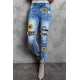 Sunflower Print Leopard Patchwork Distressed Skinny Jeans