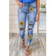 Sunflower Print Leopard Patchwork Distressed Skinny Jeans