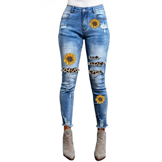 Sunflower Print Leopard Patchwork Distressed Skinny Jeans