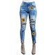 Sunflower Print Leopard Patchwork Distressed Skinny Jeans