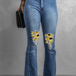 Sunflower Patchwork Raw Hem Distressed Flare Jeans