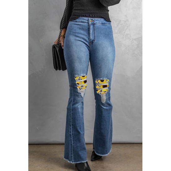 Sunflower Patchwork Raw Hem Distressed Flare Jeans