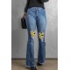 Sunflower Patchwork Raw Hem Distressed Flare Jeans