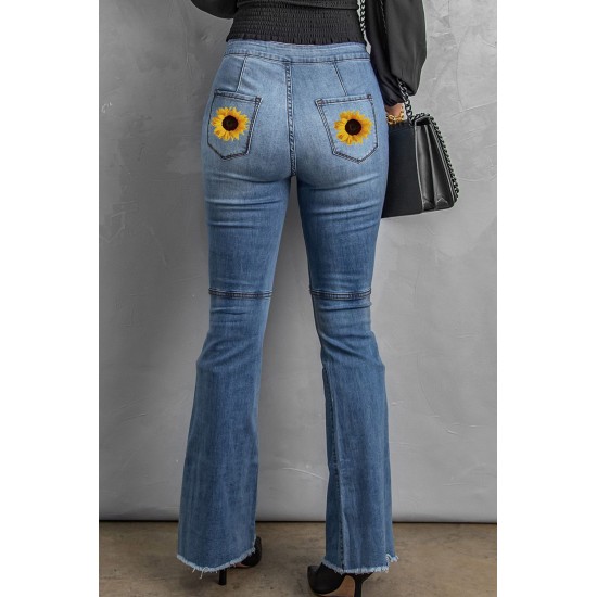 Sunflower Patchwork Raw Hem Distressed Flare Jeans