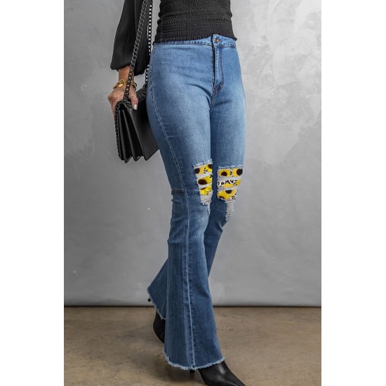 Sunflower Patchwork Raw Hem Distressed Flare Jeans