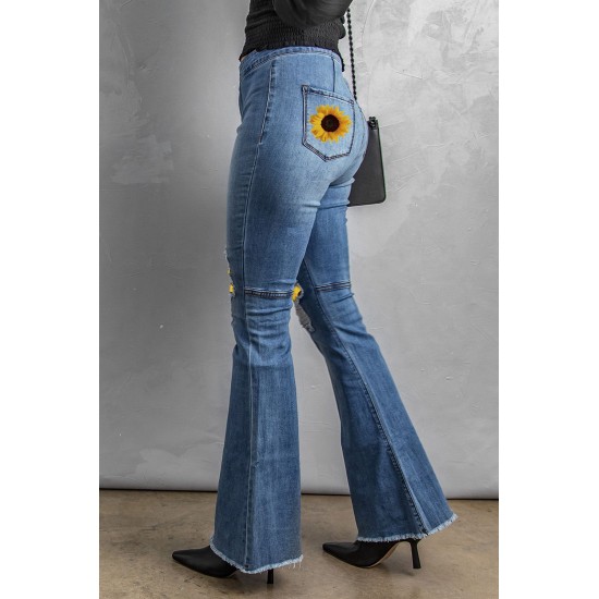 Sunflower Patchwork Raw Hem Distressed Flare Jeans