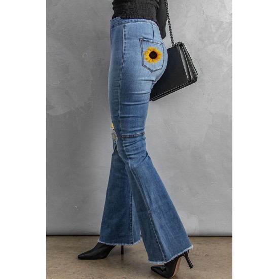 Sunflower Patchwork Raw Hem Distressed Flare Jeans