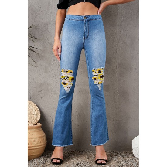 Sunflower Patchwork Raw Hem Distressed Flare Jeans