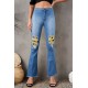 Sunflower Patchwork Raw Hem Distressed Flare Jeans