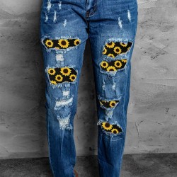 Sunflower Patchwork Straight Leg Distressed Jeans