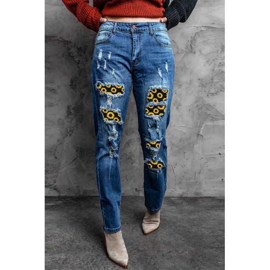 Sunflower Patchwork Straight Leg Distressed Jeans