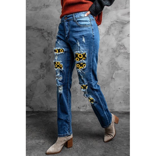 Sunflower Patchwork Straight Leg Distressed Jeans