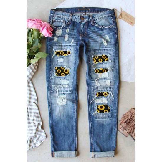 Sunflower Patchwork Straight Leg Distressed Jeans