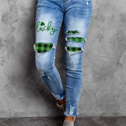 Sky Blue Lucky Clover Print Plaid Patchwork Skinny Fit Distressed Jeans