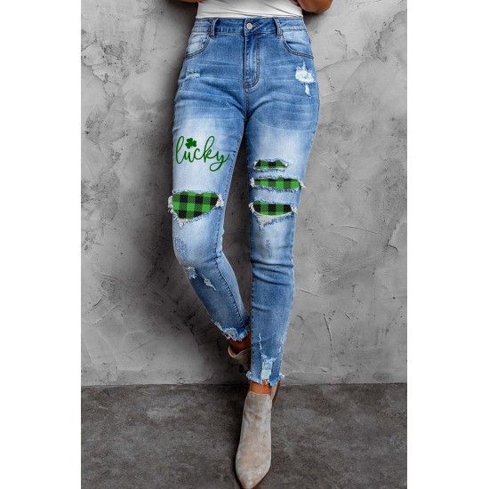 Sky Blue Lucky Clover Print Plaid Patchwork Skinny Fit Distressed Jeans