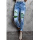 Sky Blue Lucky Clover Print Plaid Patchwork Skinny Fit Distressed Jeans