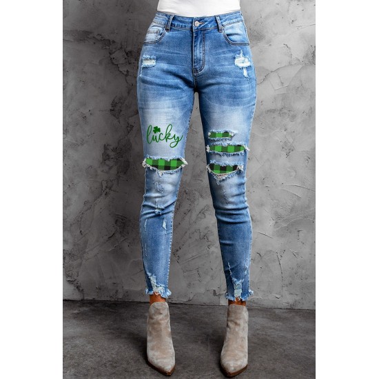 Sky Blue Lucky Clover Print Plaid Patchwork Skinny Fit Distressed Jeans