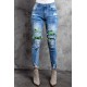 Sky Blue Lucky Clover Print Plaid Patchwork Skinny Fit Distressed Jeans