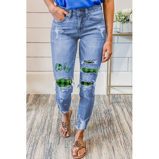 Sky Blue Lucky Clover Print Plaid Patchwork Skinny Fit Distressed Jeans