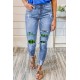 Sky Blue Lucky Clover Print Plaid Patchwork Skinny Fit Distressed Jeans