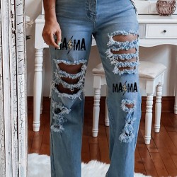 Sky Blue MAMA Leopard Blot Print Distressed Slits Flare Jeans