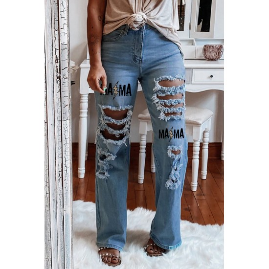 Sky Blue MAMA Leopard Blot Print Distressed Slits Flare Jeans