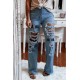 Sky Blue MAMA Leopard Blot Print Distressed Slits Flare Jeans