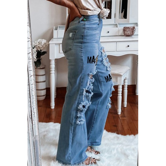 Sky Blue MAMA Leopard Blot Print Distressed Slits Flare Jeans