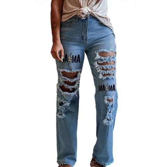 Sky Blue MAMA Leopard Blot Print Distressed Slits Flare Jeans