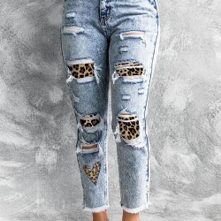 Sky Blue Leopard Patches Patchwork Distressed Faded Jeans